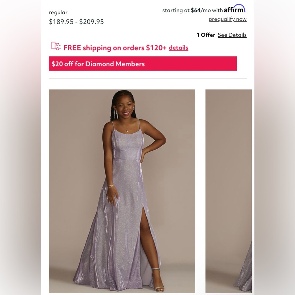 David’s Bridal Jules and Cleo lavender dress with pockets